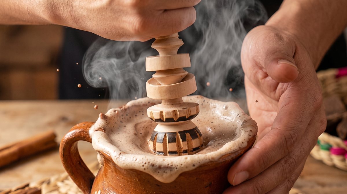 Hands rolling a molinillo's handle between the palms above a clay mug of frothing hot chocolate