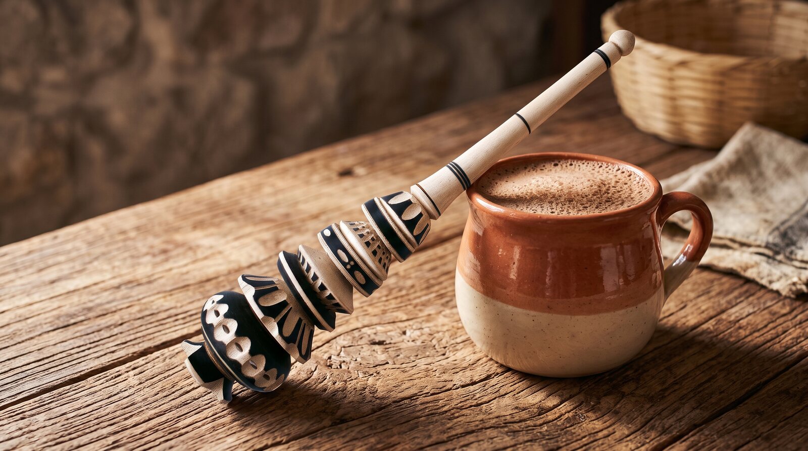 A hand-carved wooden molinillo resting beside a mug of frothy Mexican hot chocolate