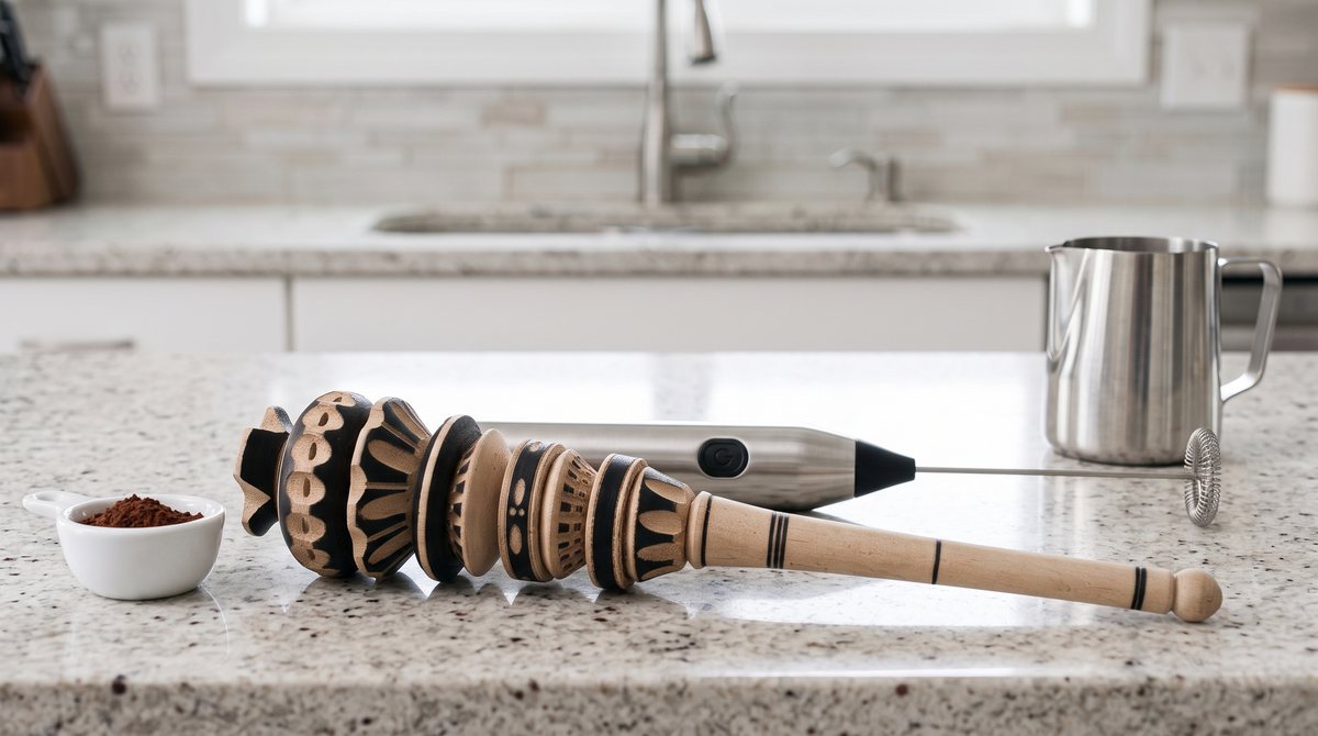 A hand-carved molinillo laid next to a modern stainless electric milk frother on a kitchen counter