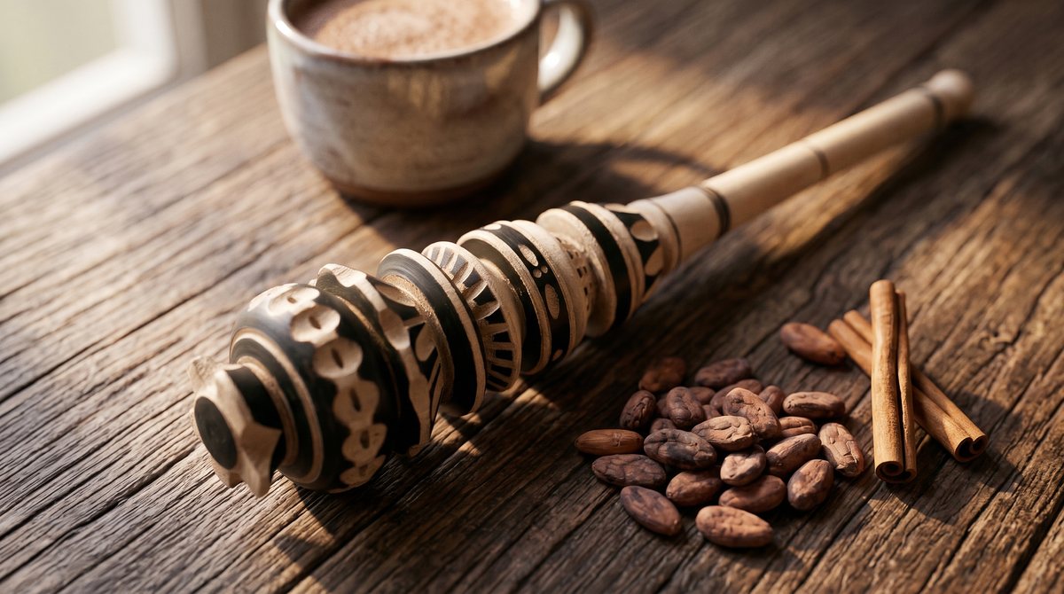 A hand-carved molinillo resting on a rustic wood table beside cacao beans and cinnamon sticks