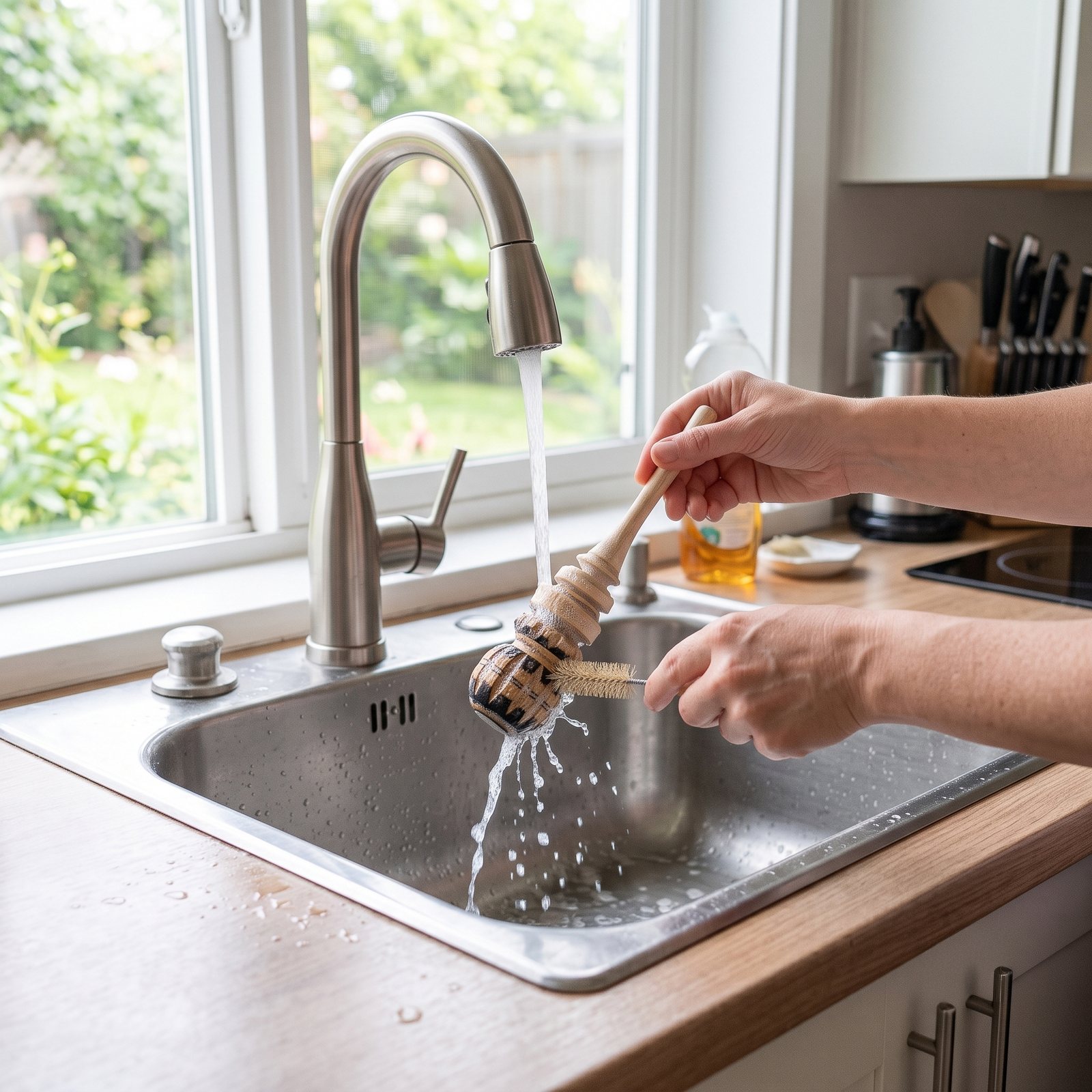 Hand washing the Small molinillo under running water at a kitchen sink, with a garden view through the window