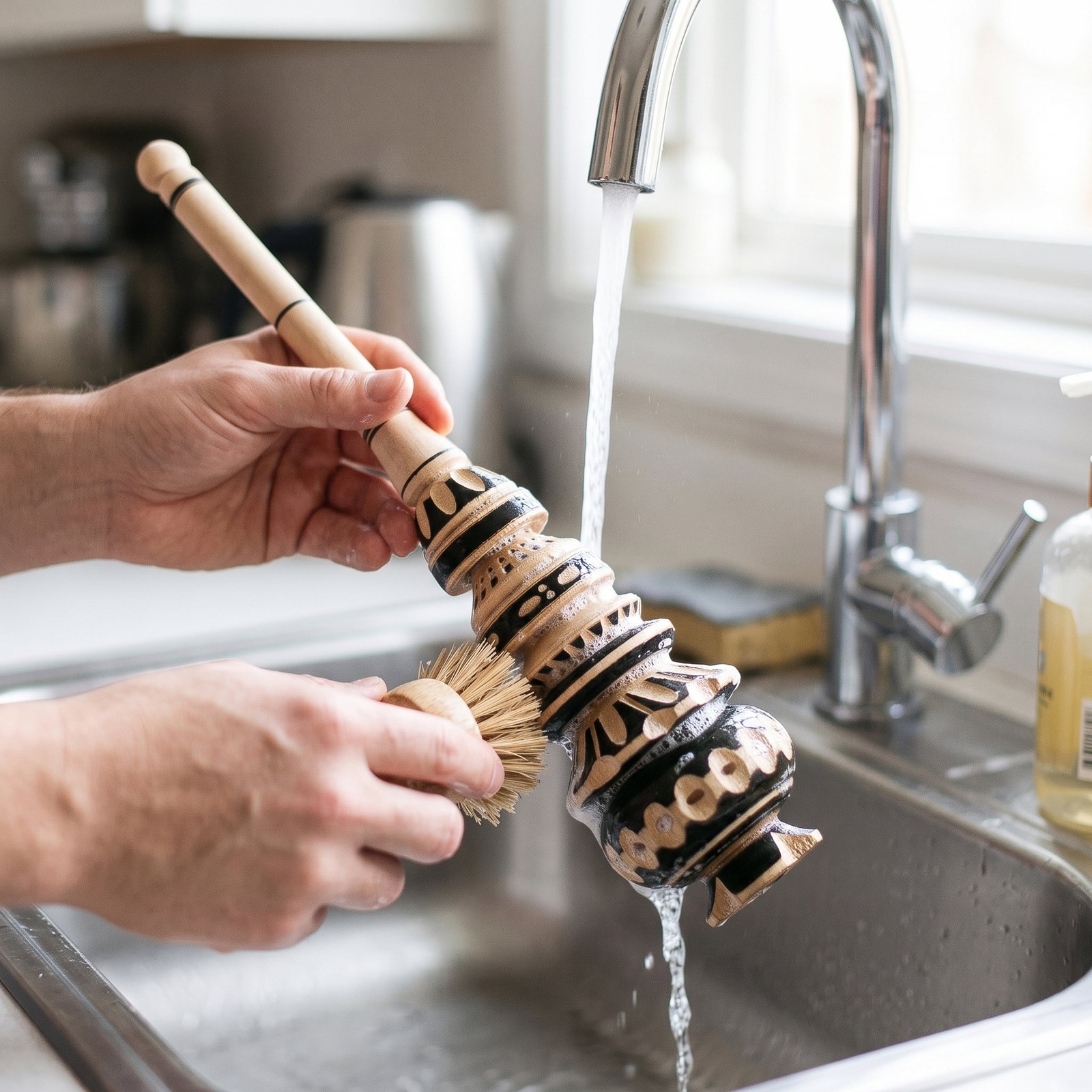 Hand washing a molinillo under running water with a scrub brush at the sink