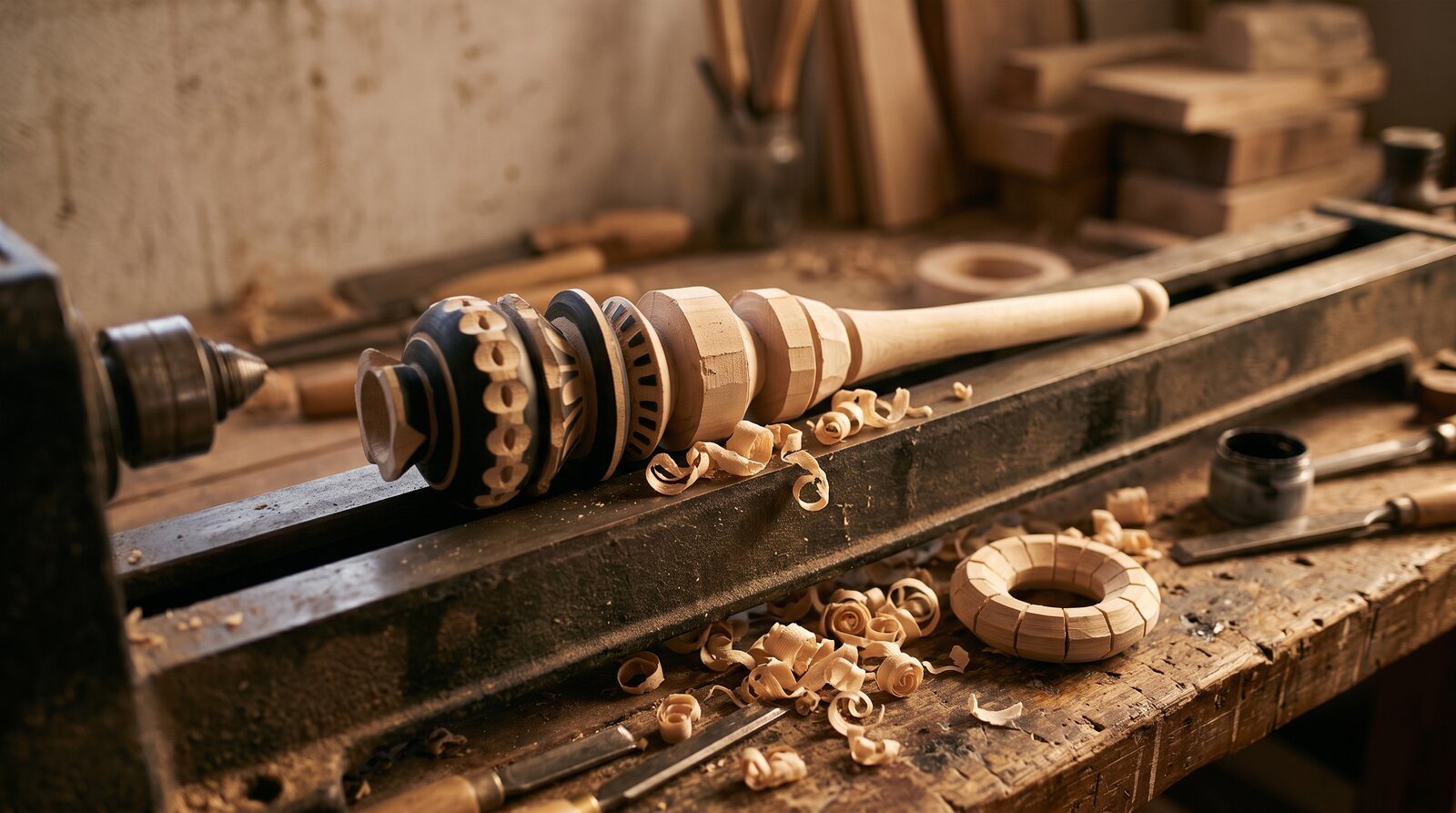 A partially turned wooden molinillo resting on a lathe bed, with wood shavings scattered around it on a rustic workshop bench