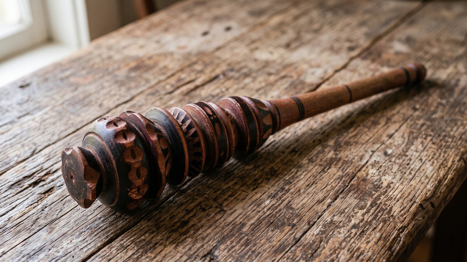 A worn, heirloom-quality wooden molinillo with visible patina resting on a rustic wood table