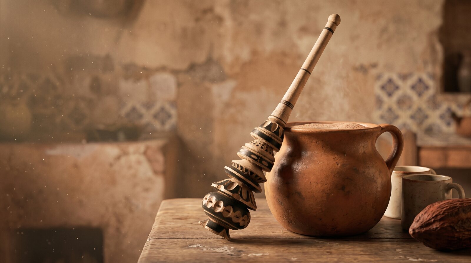 A weathered, old-world Mexican kitchen scene with a molinillo resting against a traditional clay pot