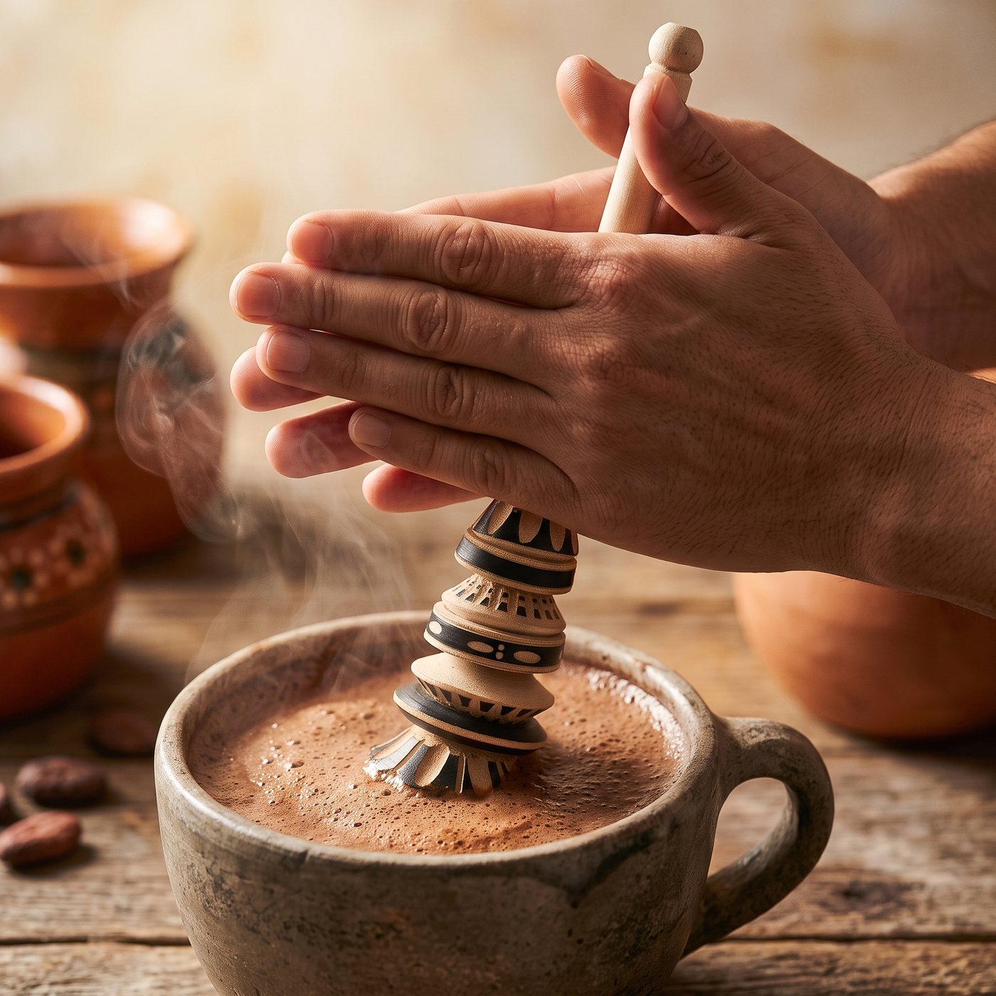 Hands cupped around a molinillo's handle, rolling it to froth hot chocolate in a steaming clay mug