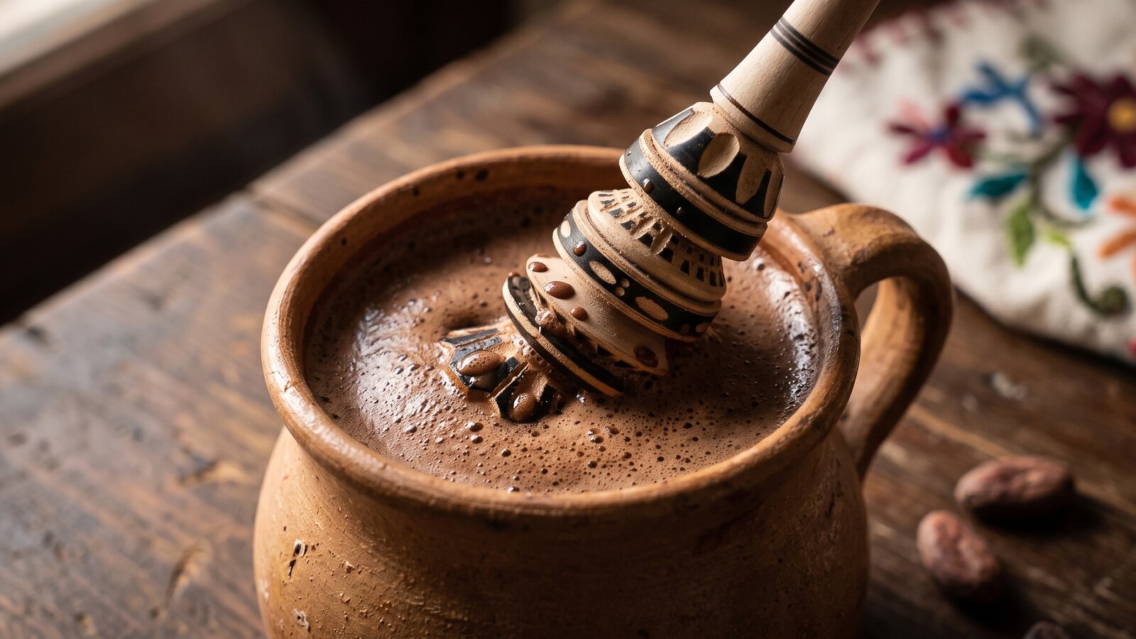 A molinillo being rolled between the palms to froth Mexican hot chocolate in a clay mug