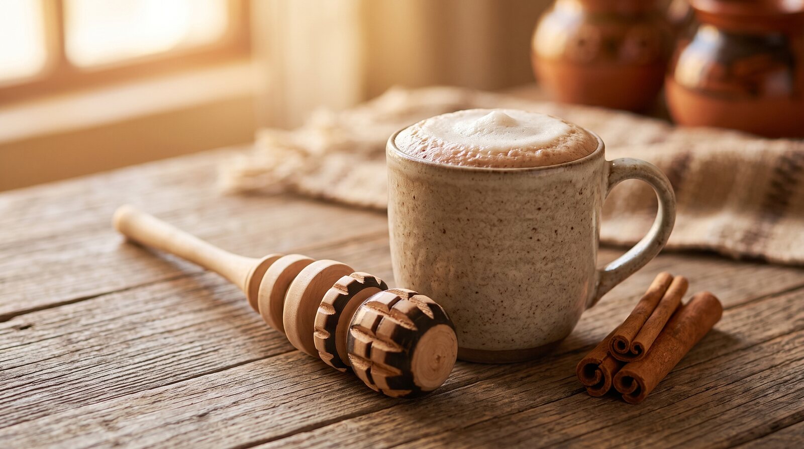 A mug of frothy traditional Mexican hot chocolate with a molinillo resting beside it on a rustic wood table