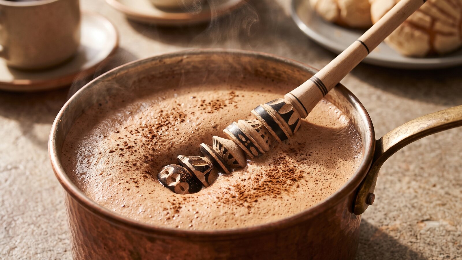 A molinillo's head submerged in a steaming mug of Mexican hot chocolate with a thick foam risen to the surface, ready to serve