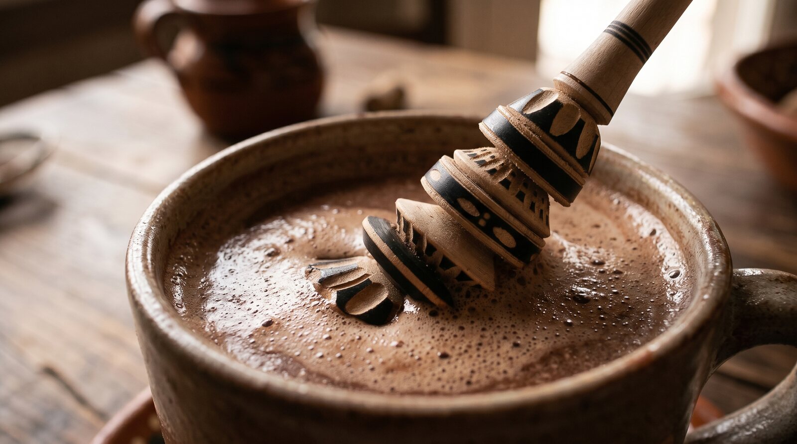 A molinillo's carved head submerged in a mug of frothing Mexican hot chocolate, mid-technique
