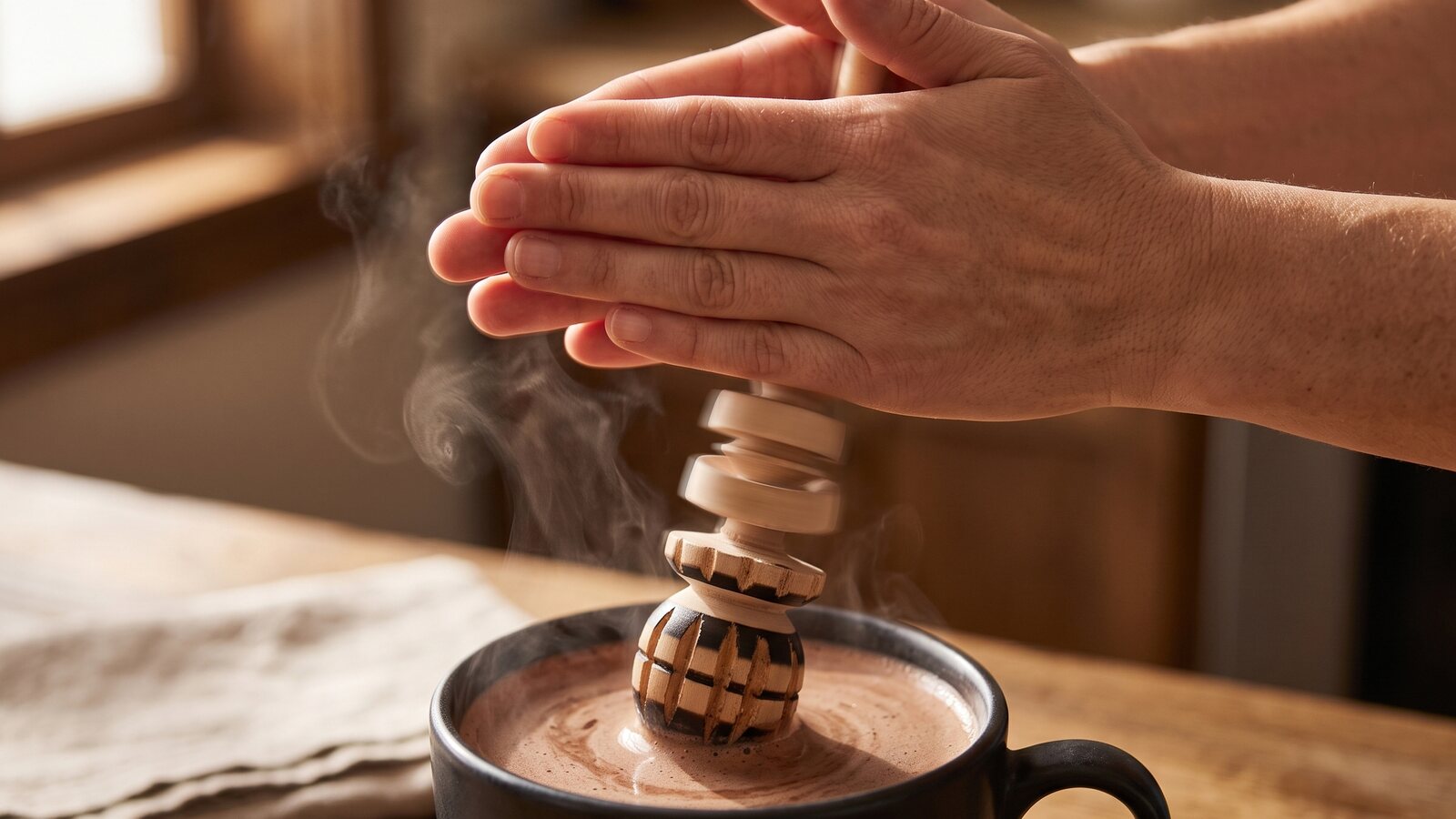 Hands rolling a molinillo's shaft back and forth between the palms above a steaming mug of hot chocolate