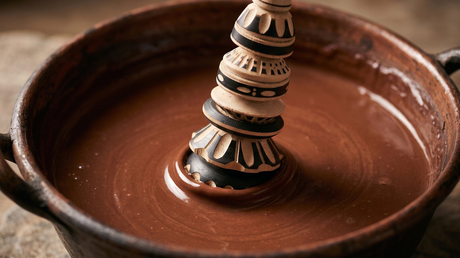 A molinillo's carved head being lowered into a pot of warm melted chocolate, the rings reaching near the bottom of the vessel