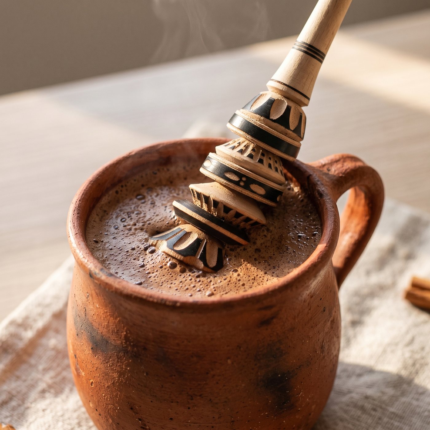 A molinillo's head submerged in a steaming clay mug of frothy Mexican hot chocolate, ready to serve