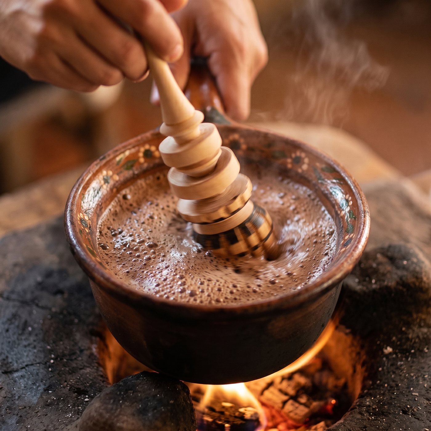 A molinillo's carved head submerged in a steaming clay pot of hot chocolate over an open flame