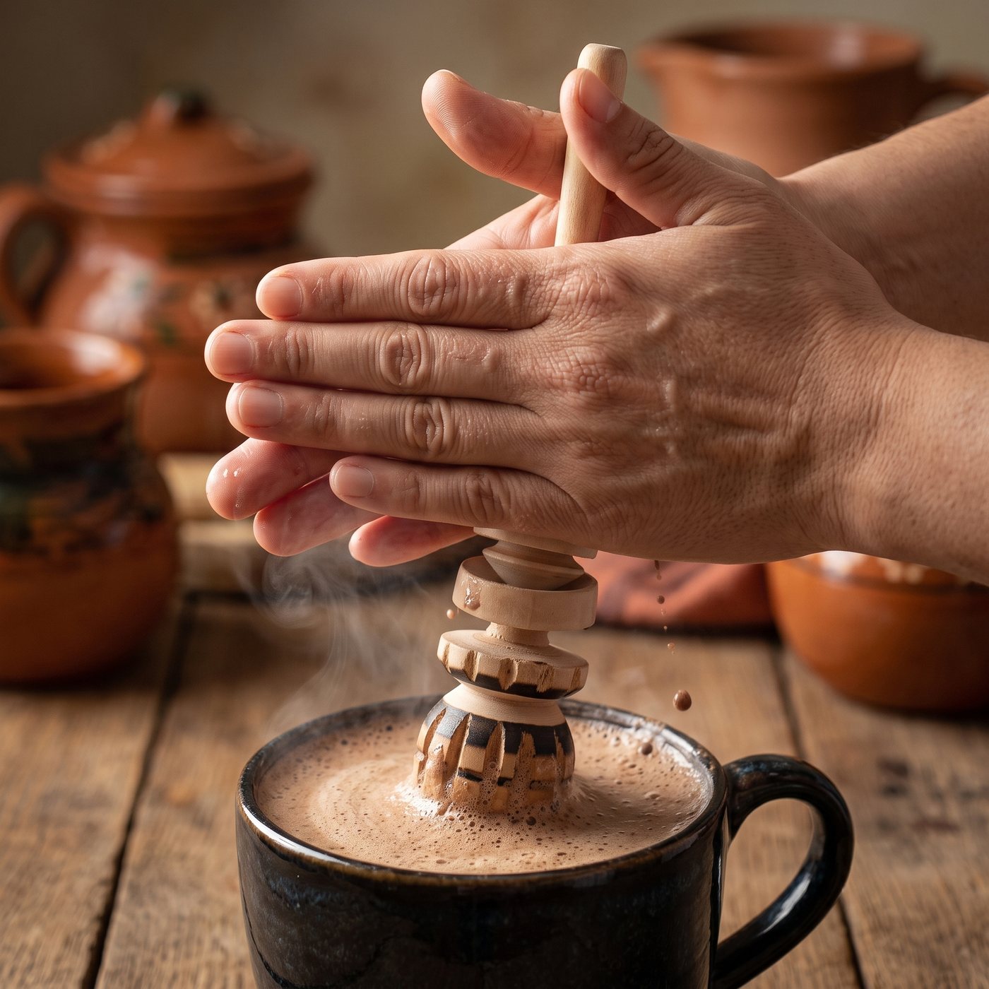 Hands rolling a molinillo between the palms above a steaming cup of hot chocolate