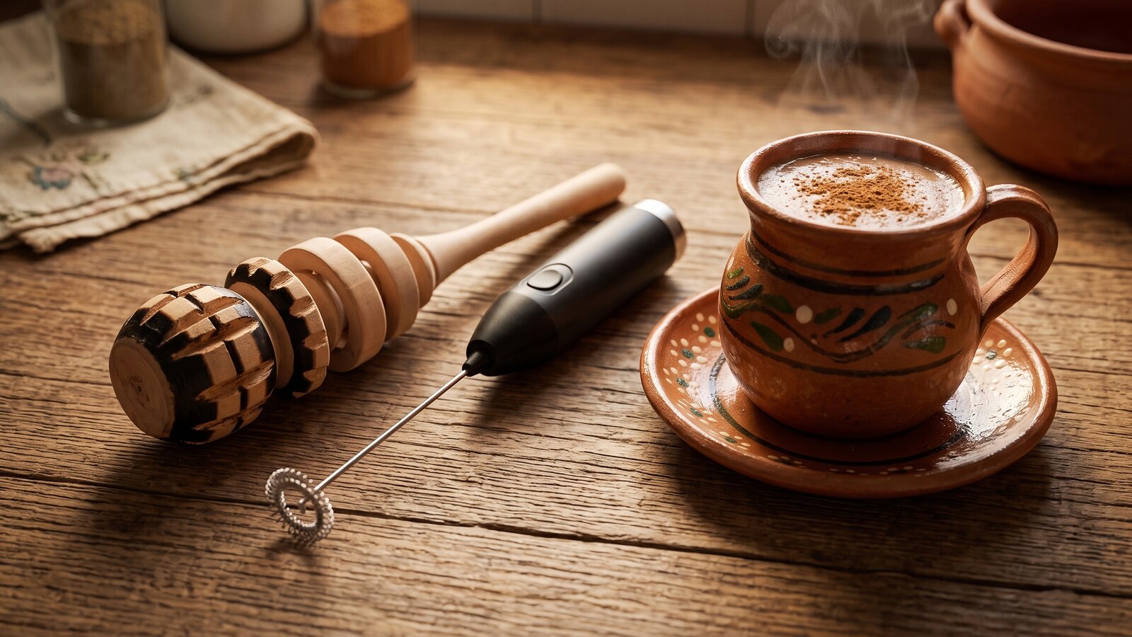 A hand-carved molinillo and a small electric frother whisk placed side by side next to a mug of champurrado