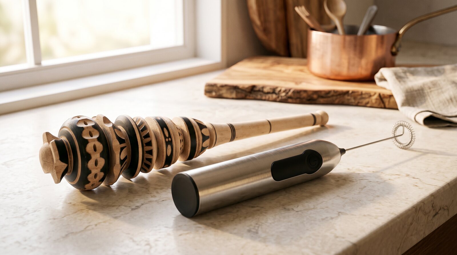 A hand-carved molinillo laid next to a modern stainless electric milk frother on a kitchen counter