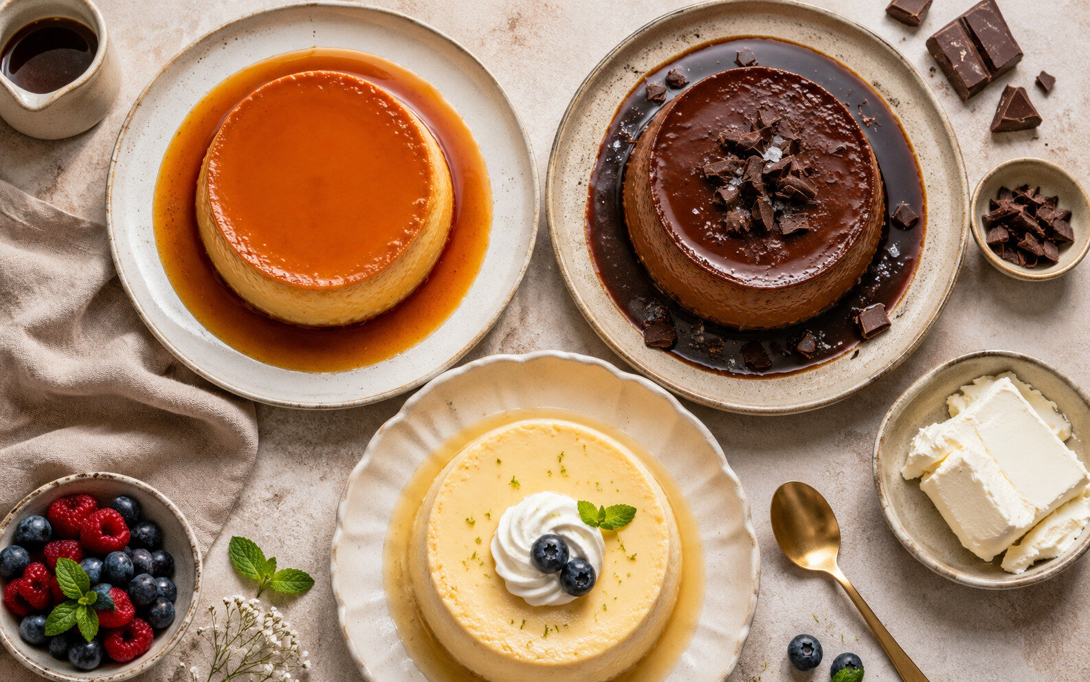 Three flans plated together: classic caramel flan, chocolate flan with sea salt, and a citrus cream flan with whipped cream and berries