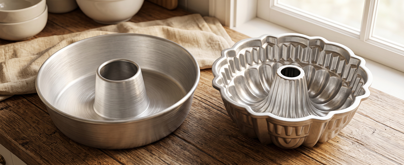 A smooth-sided Globe Rocket ring cake pan and a fluted Bundt pan side by side on a counter
